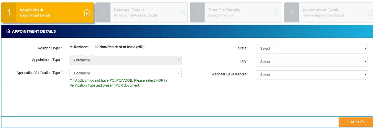 baal aadhar card appointment booking form