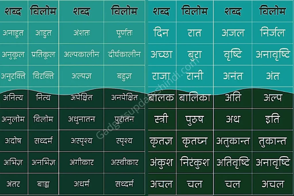 Vilom Shabd in Hindi, Opposite Words